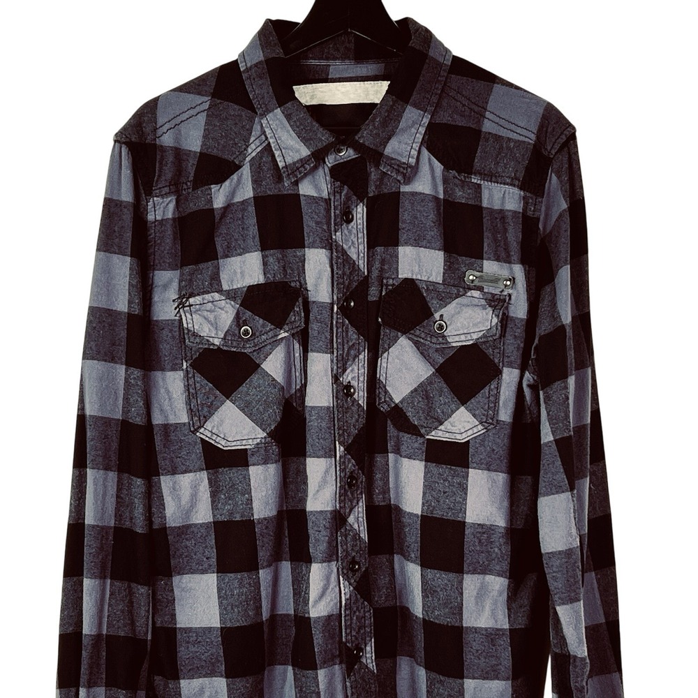 Brandit Mens Gray Black Buffalo Check Plaid Cotton Western Flannel Shirt‎ Size M